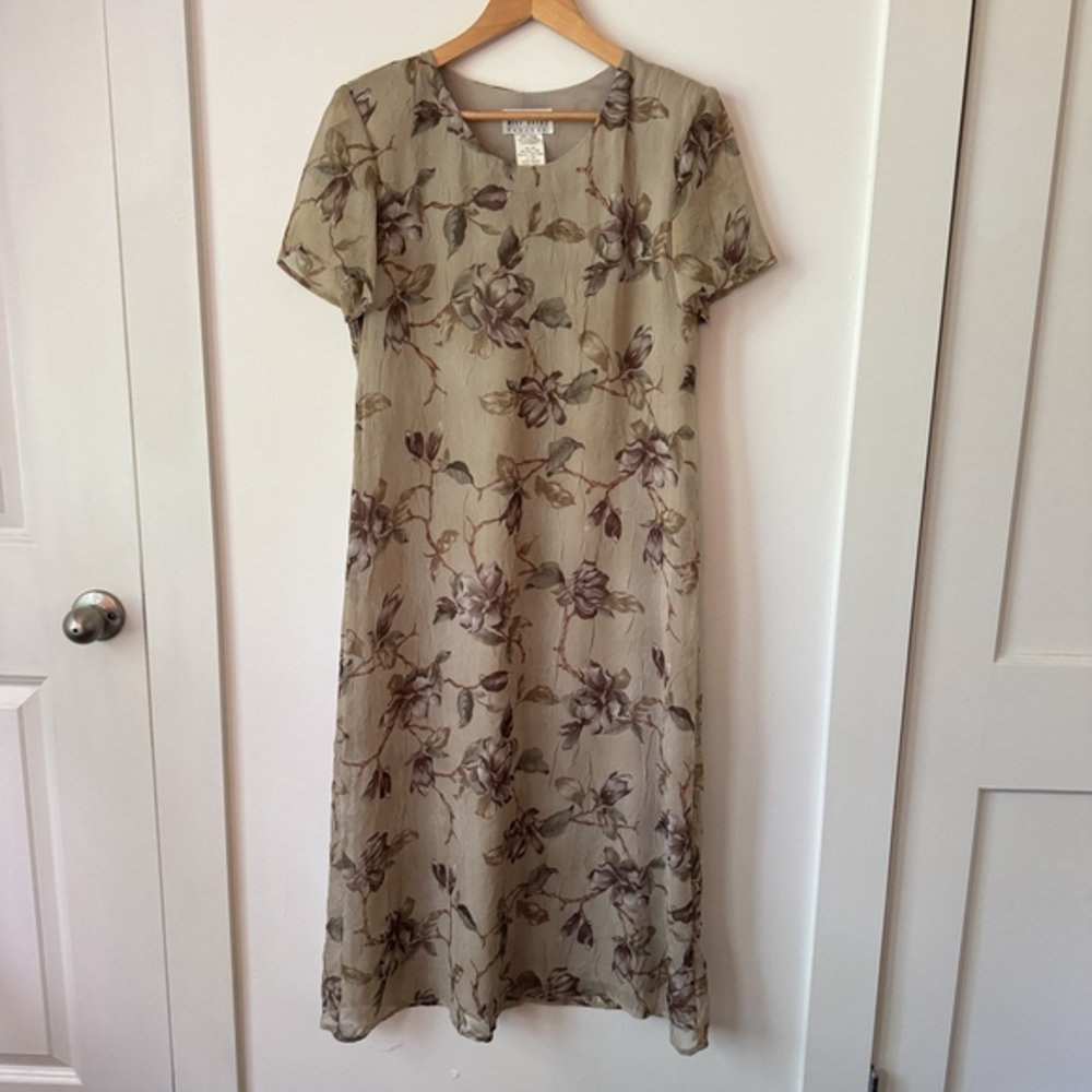 Vintage 90s Floral Dress Sz 10 Petite Crinkle Brown‎ Dark Romantic Dreamy Fall